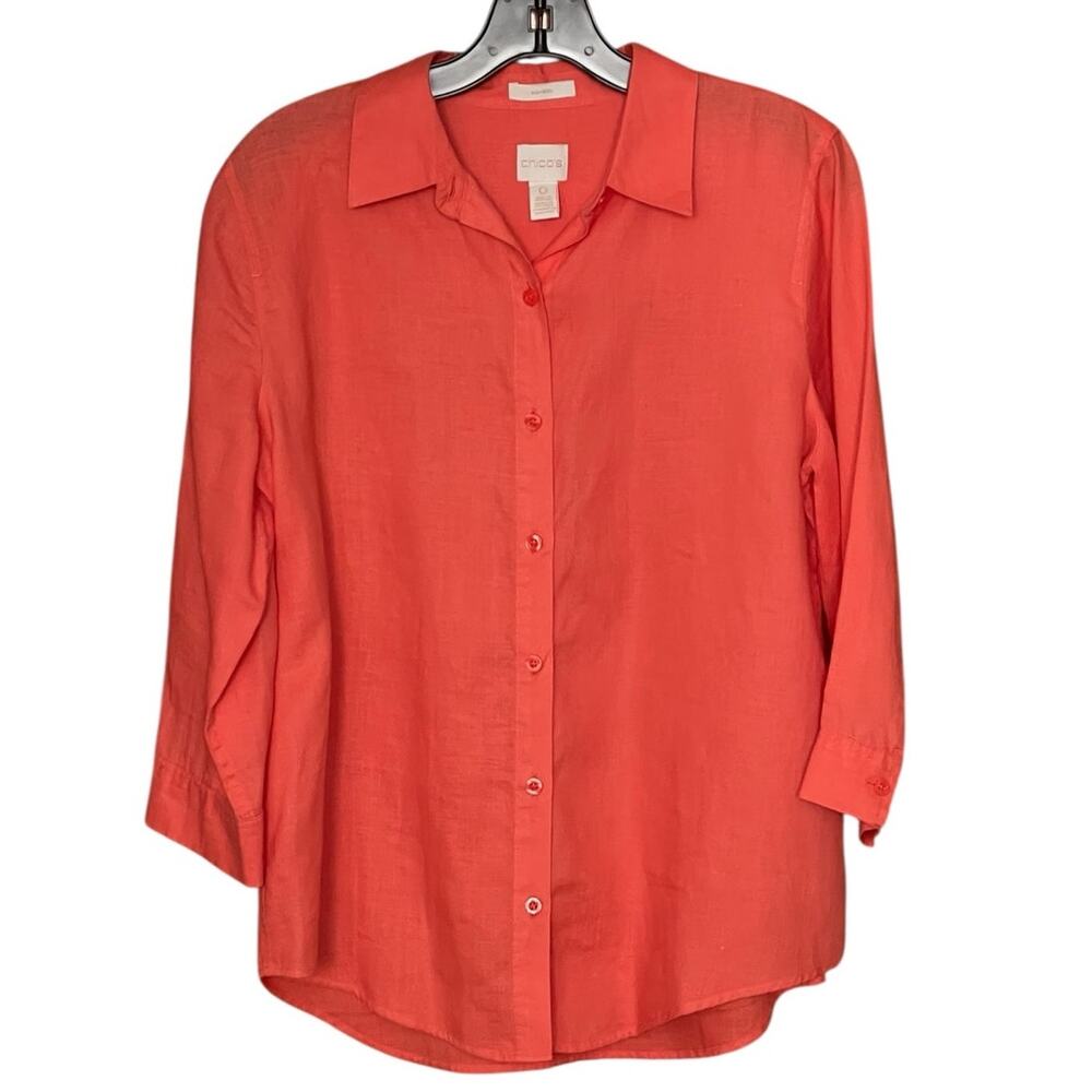 Chico's Sz 0 US Small Orange 100% No Iron Linen Button Front 3/4 Sleev Shirt Top